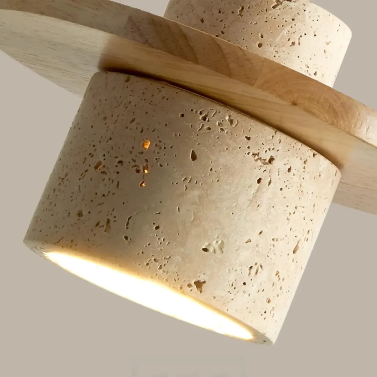 Modern Beige Stone Wood Disc Cylinder Pendant Light