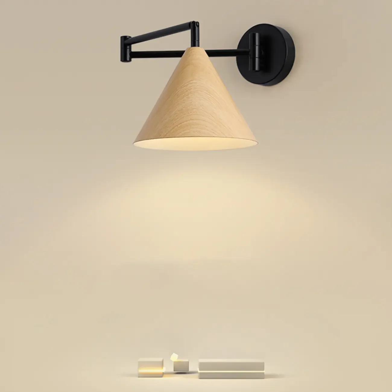 18 Small Bedside Swing Arm Wall Light with Wooden Shade