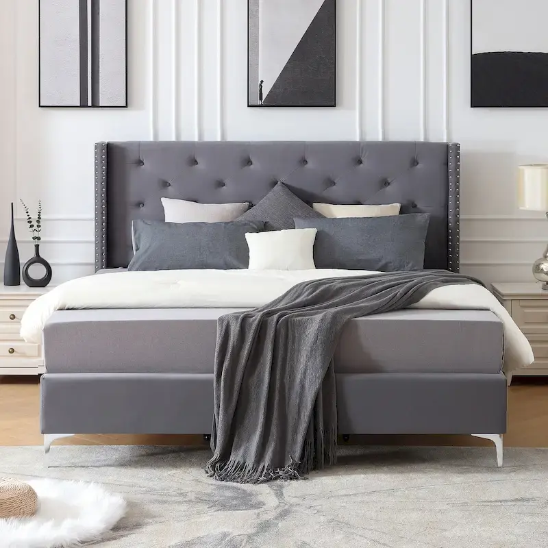Queen Size Velvet Upholstered Platform Bed Frame with 6-Inch Metal Legs
