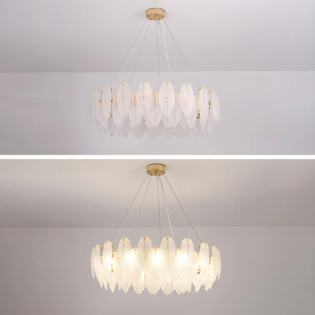 Elegant White Glass Feather Round Chandelier