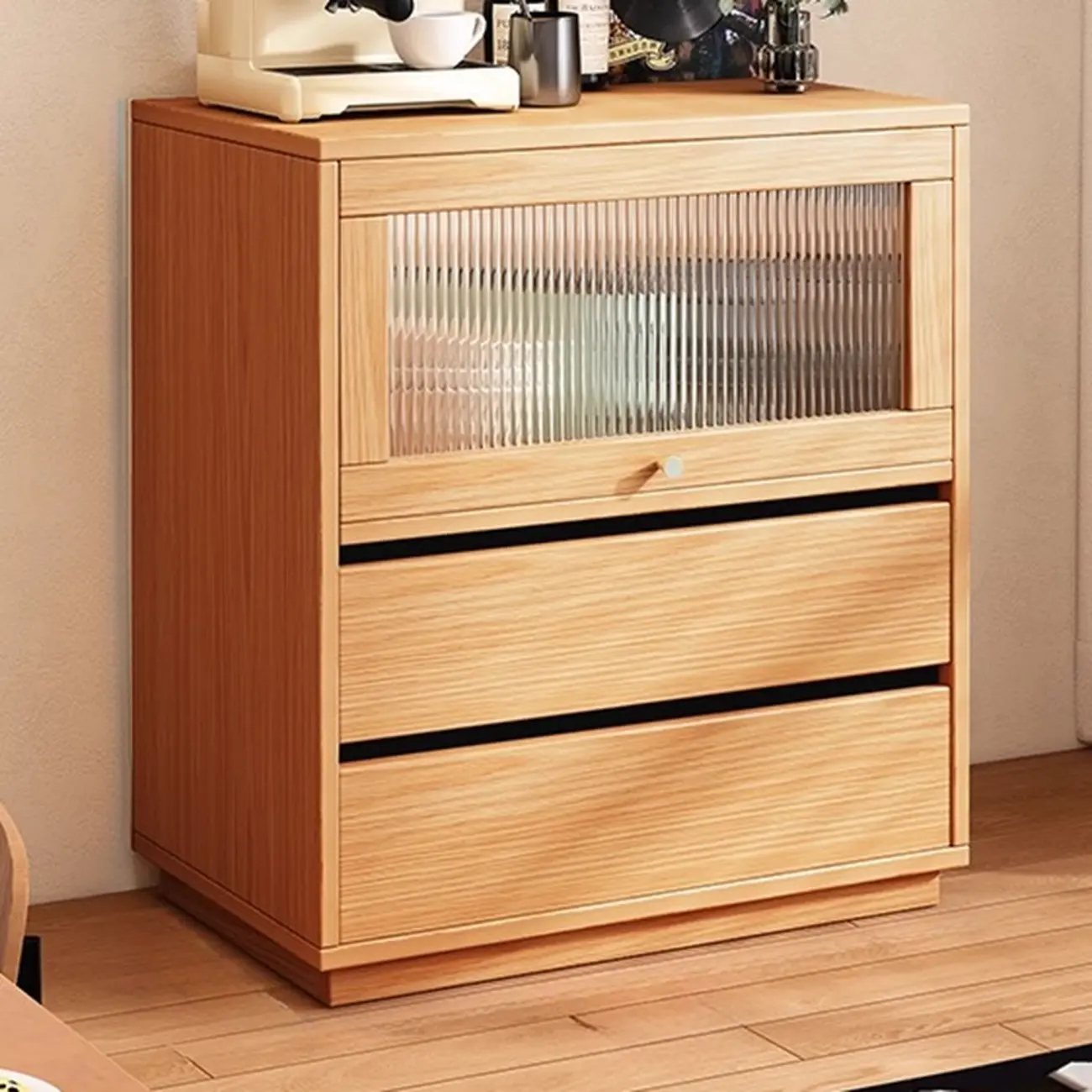 Modern Slab Wood Narrow Sideboard with Sliding Doors