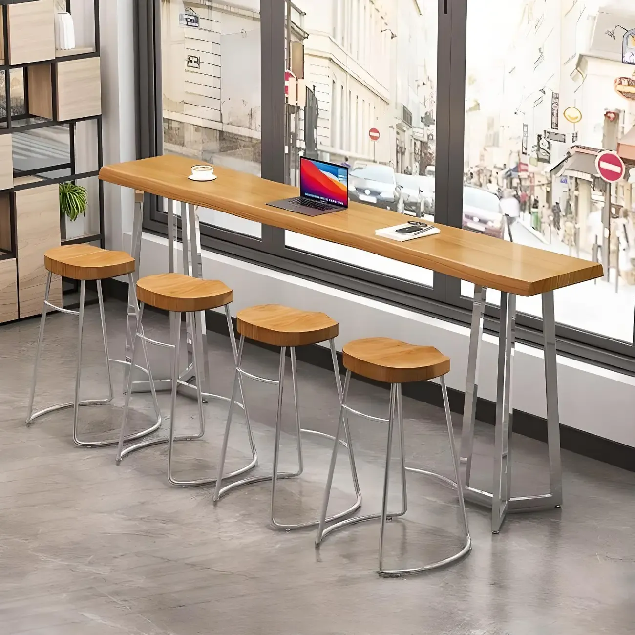 Stylish Sliver Base Wooden Bar Height Table for Pub