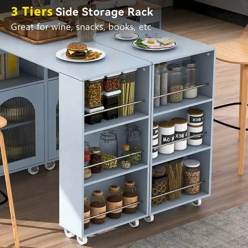 33 in. W Kitchen Island Rubberwood Top on 8 Wheels With Extended Table, LED Lights, Power Outlets