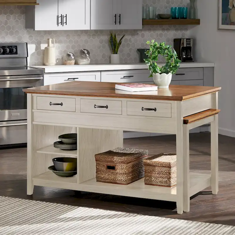 Two-Tone Antique Finish Extendable Kitchen Island with 3 Drawers