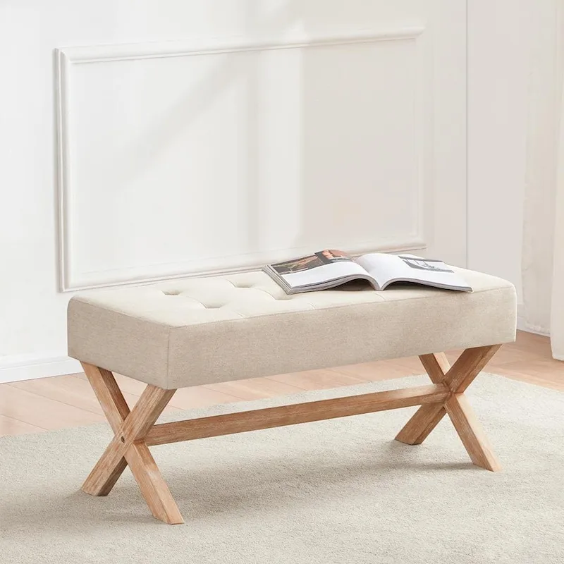 Upholstered Entryway Bench, Polyester, X-Shaped Wood Legs, 35.4