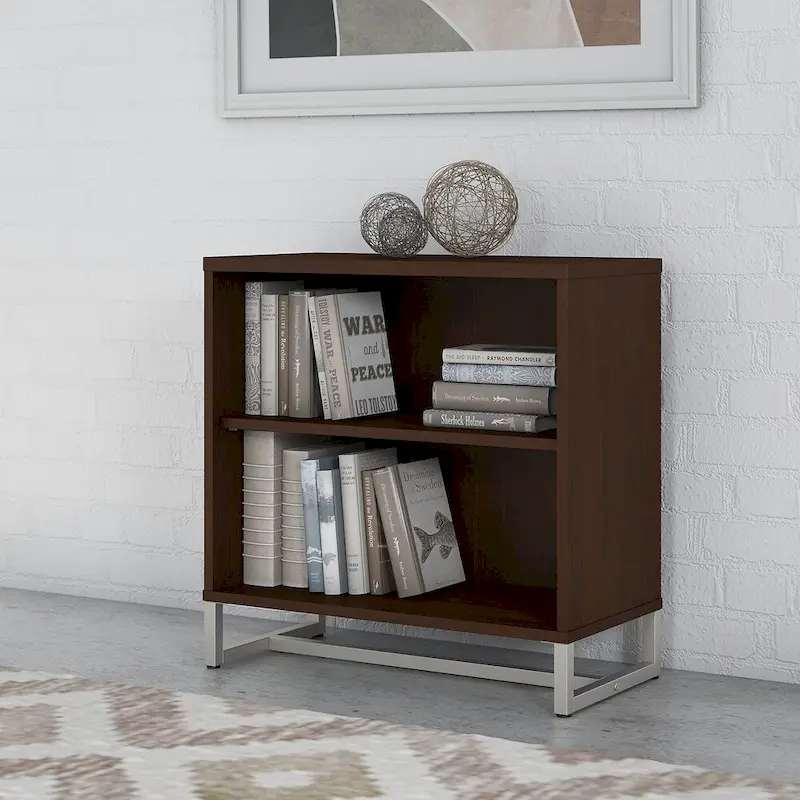 Grey / Tan / White / Taupe / Brown 2-Shelf Bookcase Cabinet with Metal Base