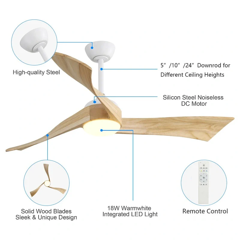 52 Inch Modern Living Room Ceiling Fan with Light and Remote
