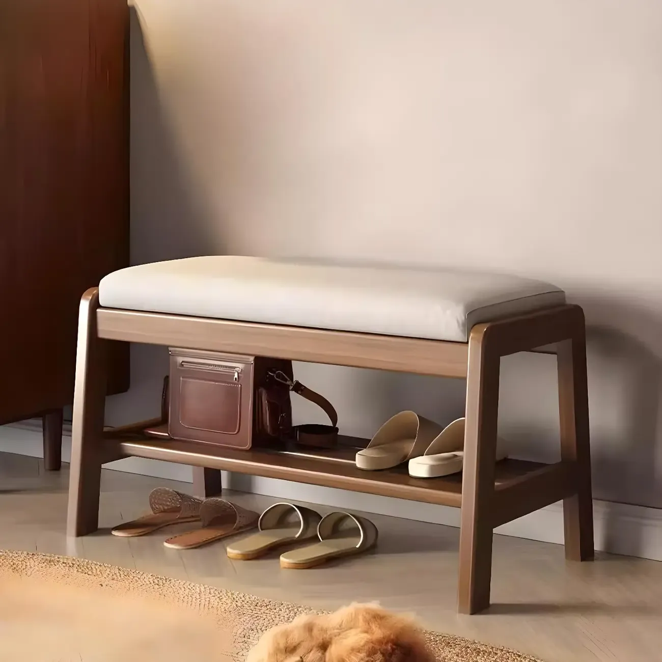 Entryway Solid Wood Cushioned Trapezoid Shoe Bench