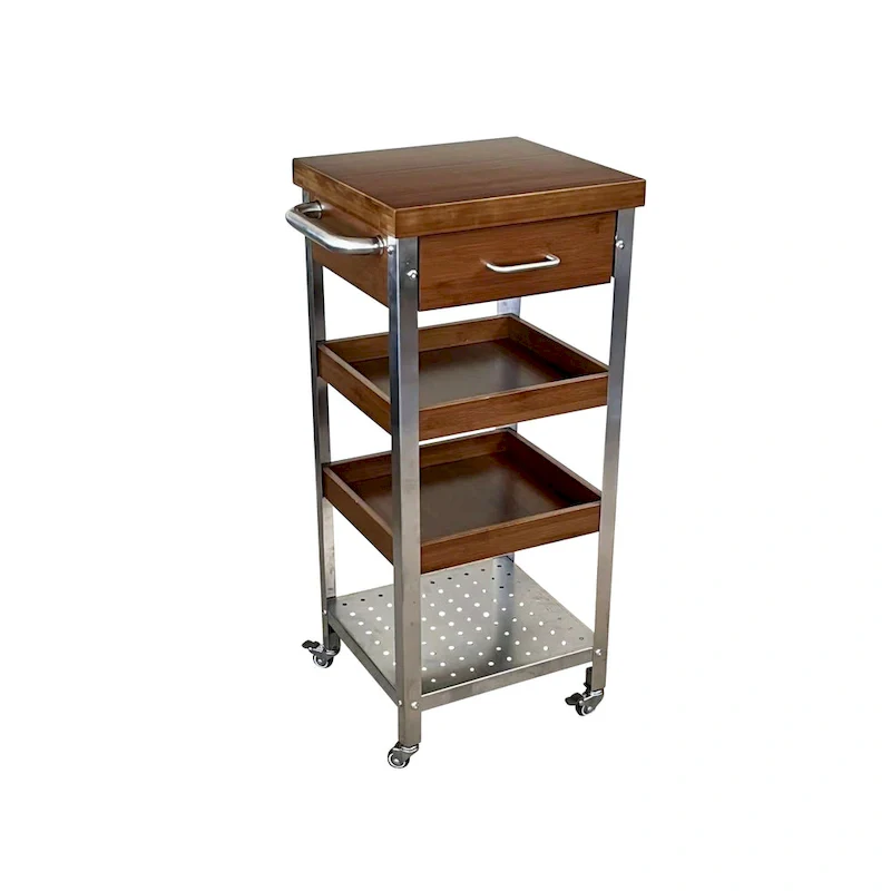 Solid Bamboo & Stainless Steel Kitchen Cart Tower with Drawer