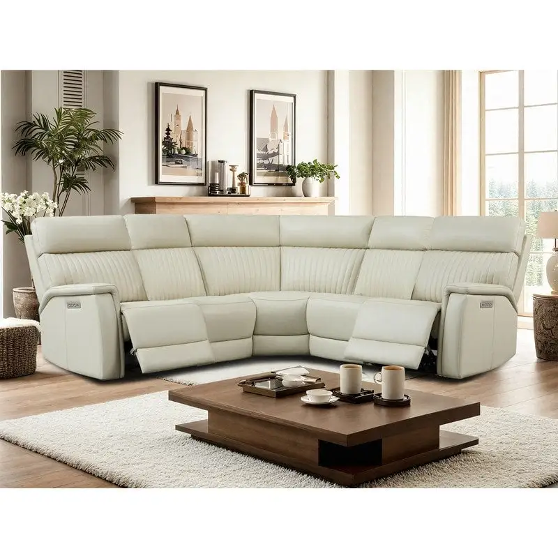 Genuine Leather Power Recliner Sectional with Power Ajustable Headrest and Lumbar, Zero Gravity, 2StationaryArmlesschairs