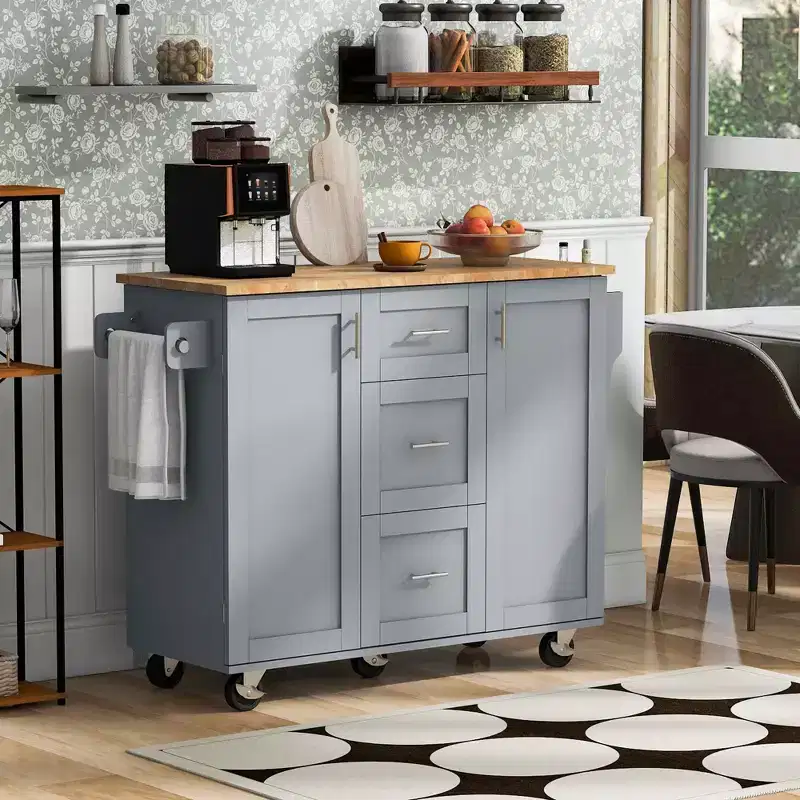 MAYEERTY Black Rolling Kitchen Island with Rubber Wood Top, 3 Drawers 2 Slide-Out Shelves Spice Rack Tower Rack