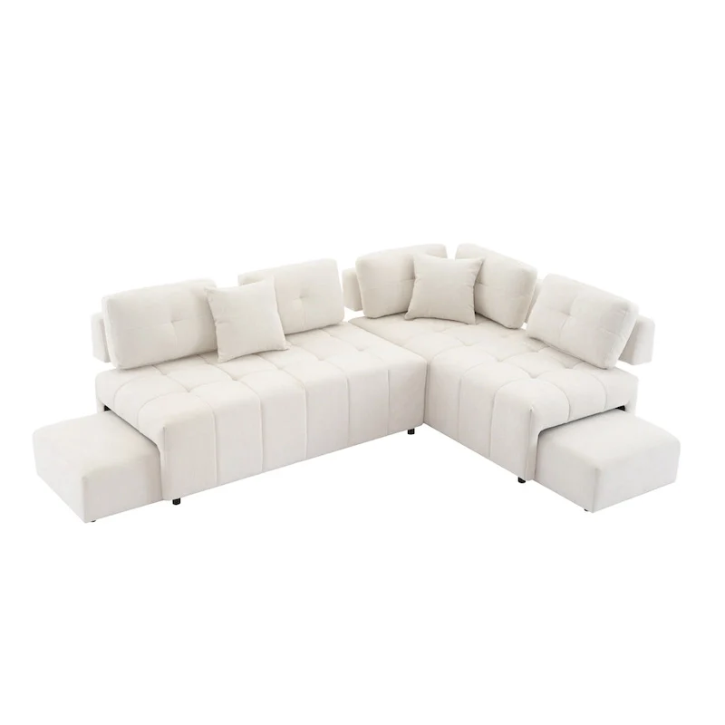 91.73  L-Shaped 4 Seater Sectional Sofa with 2 Hidden Stools, 2 Removable Lumbar Pillows, and Durable Chenille Upholstery
