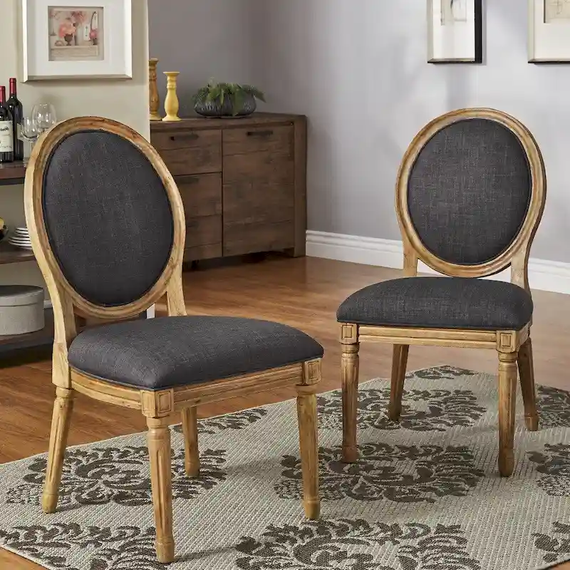Round Linen and Wood Dining Chairs Set of 2, Artisan Style Upholstered Side Chairs