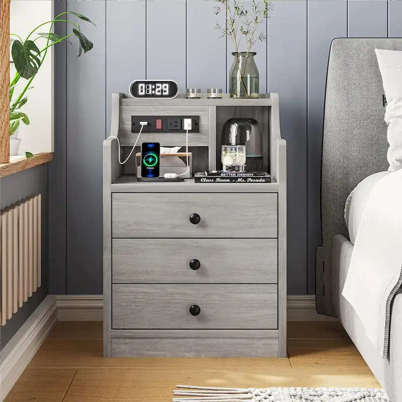 3-Drawer Nightstand with Built-in Charging Station and Open Shelf – White / Pink / Grey / Black, for 1 Person