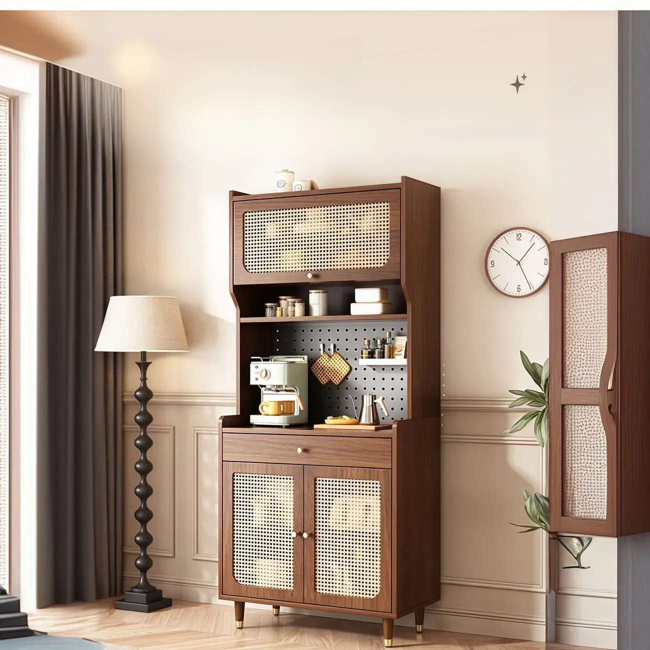 Walnut Wooden Pegboard Organization Sideboard Rattan Doors