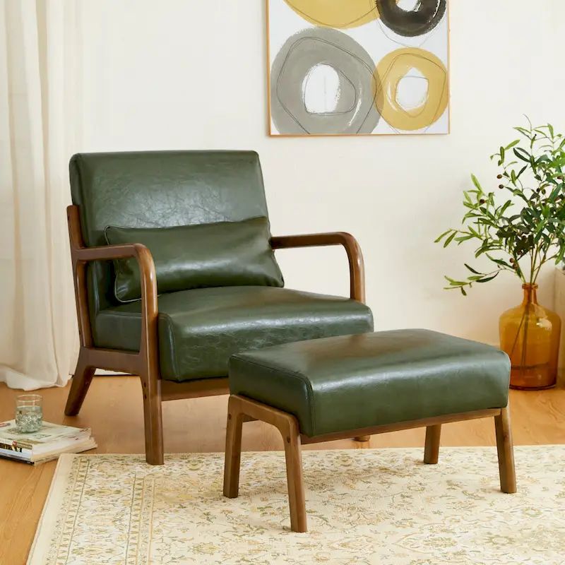 Glitzhome 30.75H Mid-Century PU Leather Armchair with Ottoman Set