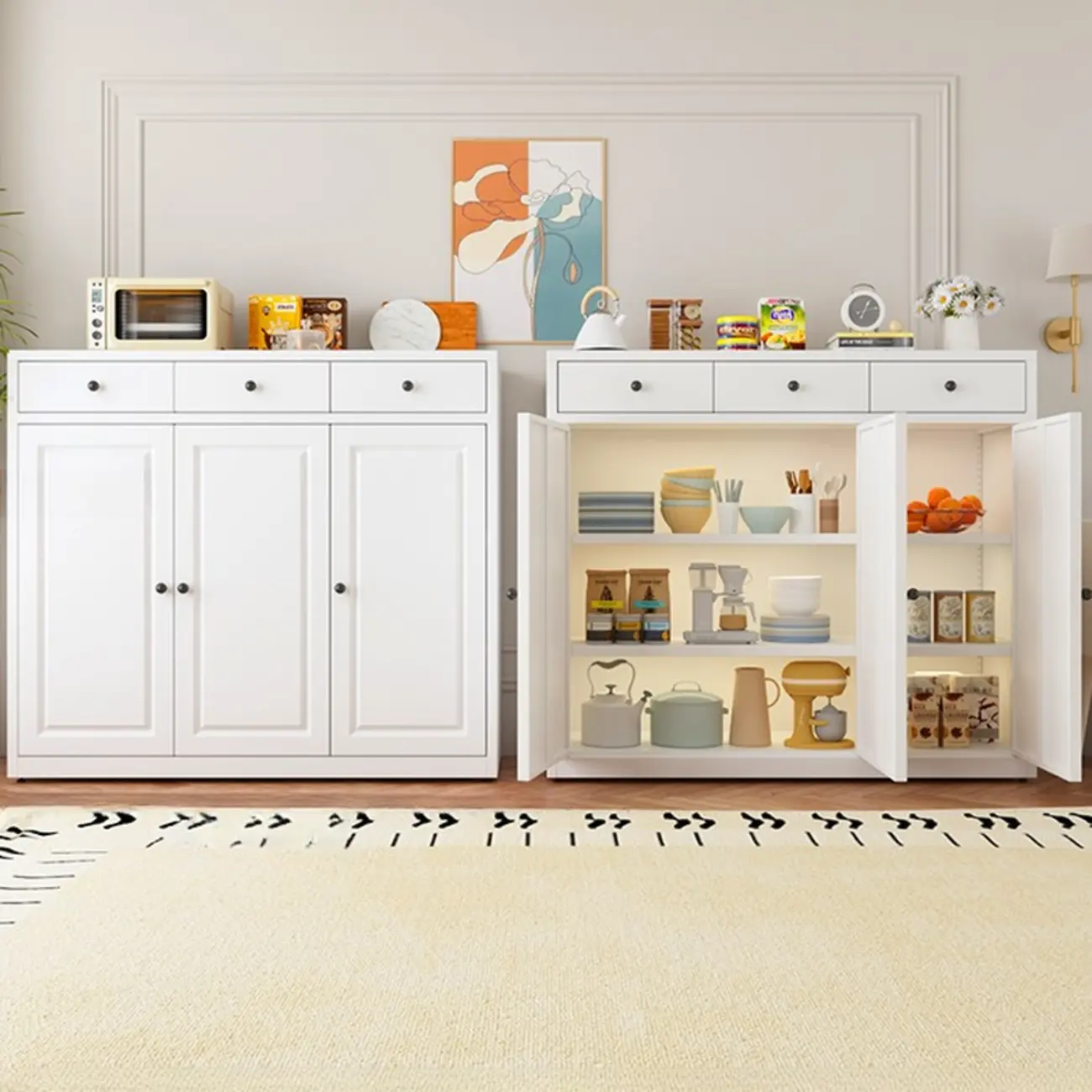 Narrow Metal White Buffet Cabinet with Drawer