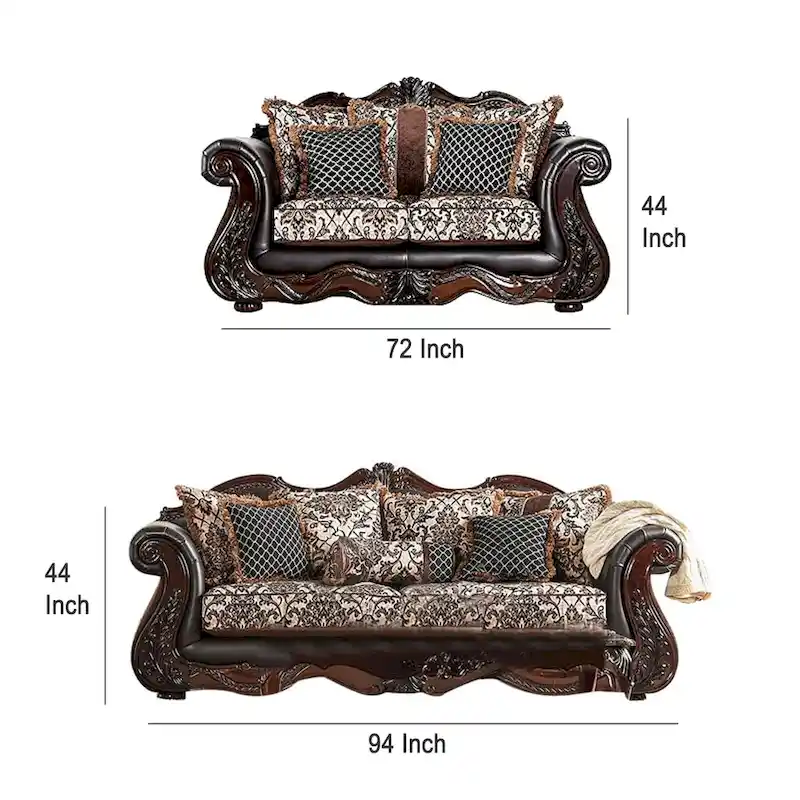 2pc Sofa Loveseat Set, Dark Brown Faux Leather, 5 Accent Pillows
