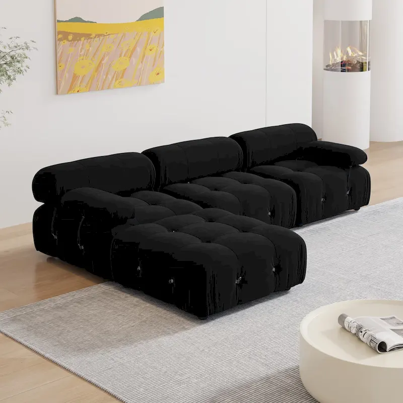 Black Velvet Upholstered Sectional Sofa