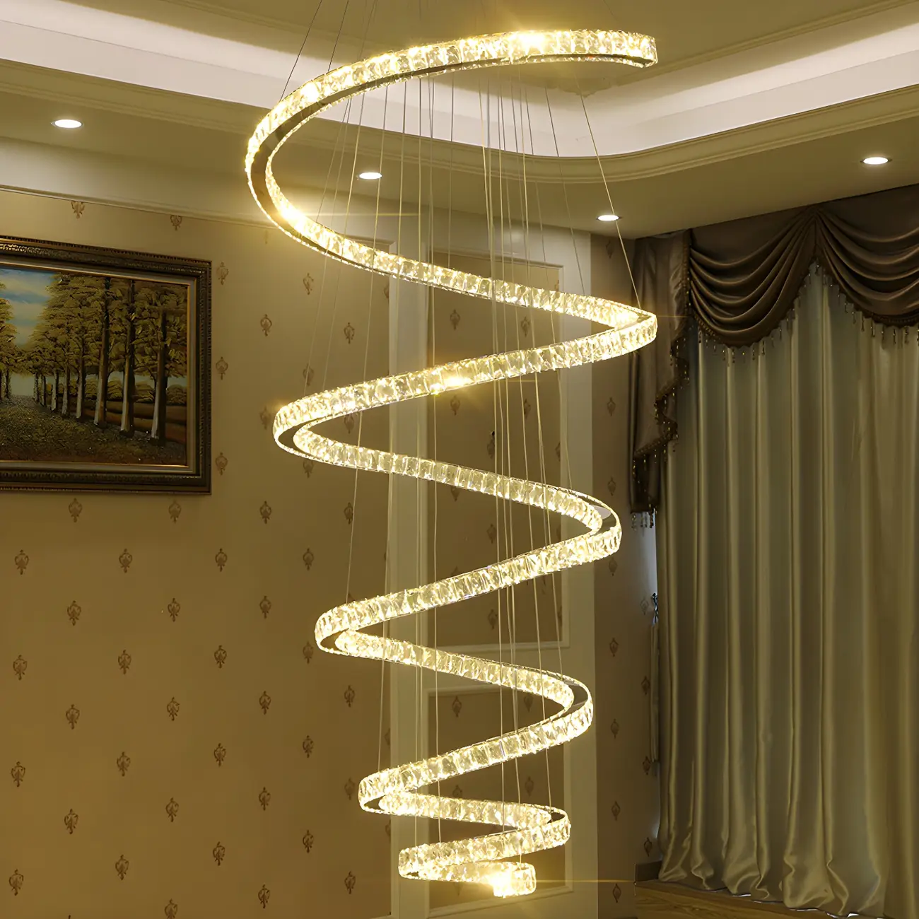 Large Modern Spiral LED Ceiling Crystal Chandelier Tiered Light