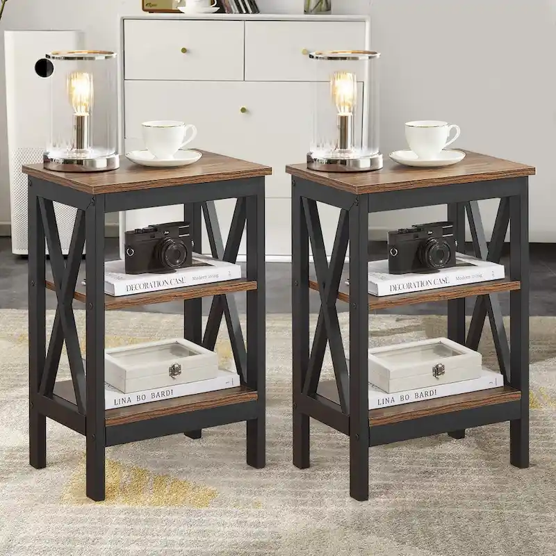 Modern Side Tables with 3-tier Storage Shelves, X-Shaped Nightstand Set (Set of 2)