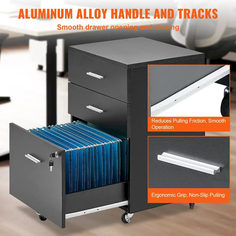 3-Drawer Locking Filing Cabinet with 5 Swivel Wheels and Adjustable File Hangers