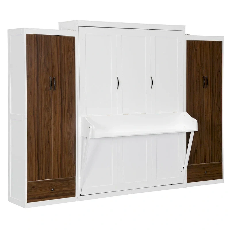 Queen Size Murphy Wall Bed with Wardrobe, Drawers and Fold-Down Desk