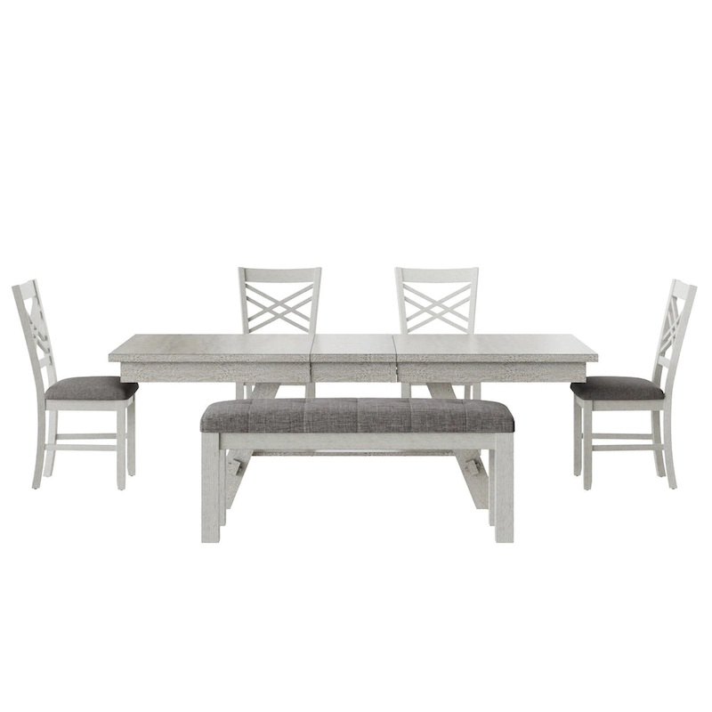 VECELO 6/8-Piece Dining Table Set with Bench, Solid Wood Rectangular Extendable Dining Table & 4 Solid Wood Dining Chairs