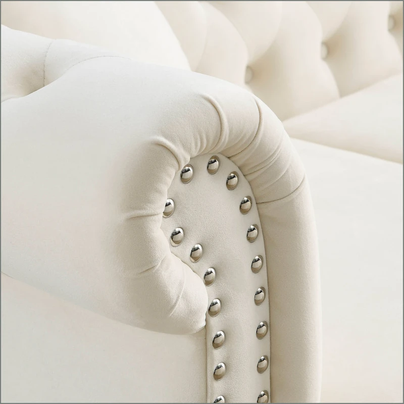 Beige Velvet Chesterfield 3 Seater Sofa with Rolled Arms, Nailhead Trim, 2 Pillows