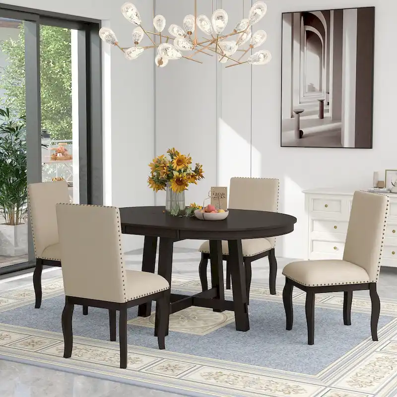 5-Piece Dining Set with Round Extendable Dining Table and Chairs