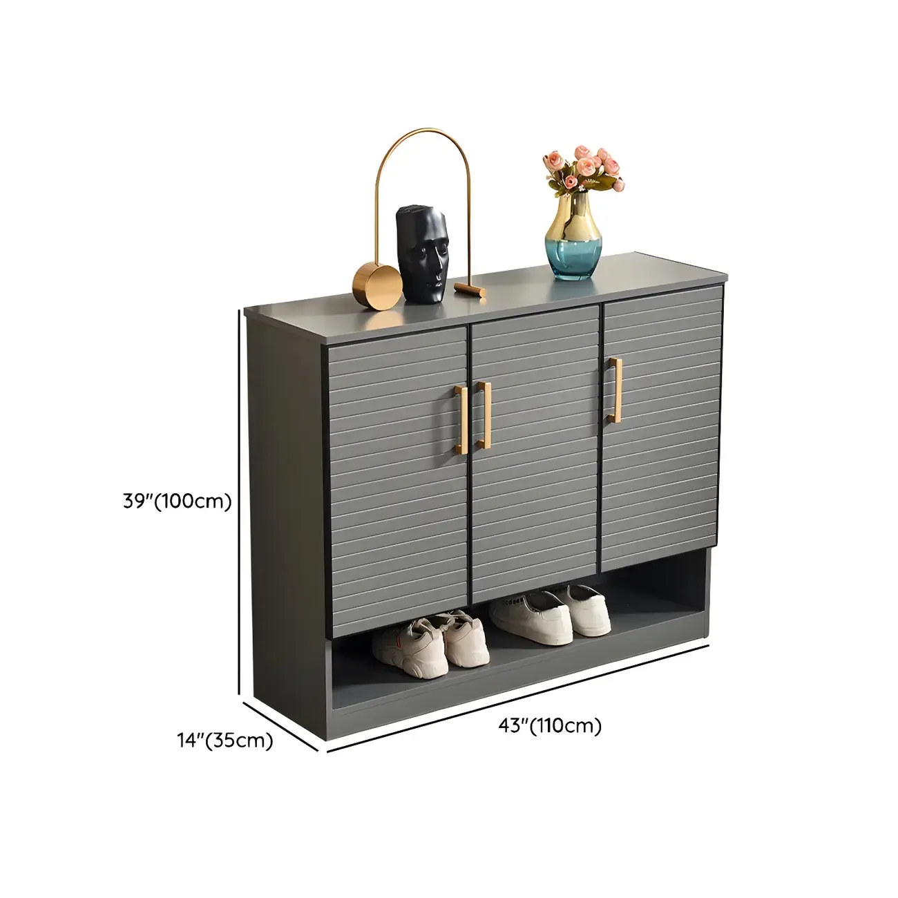 Metal Grey Shoe Cabinet with Open Bottom Shelf