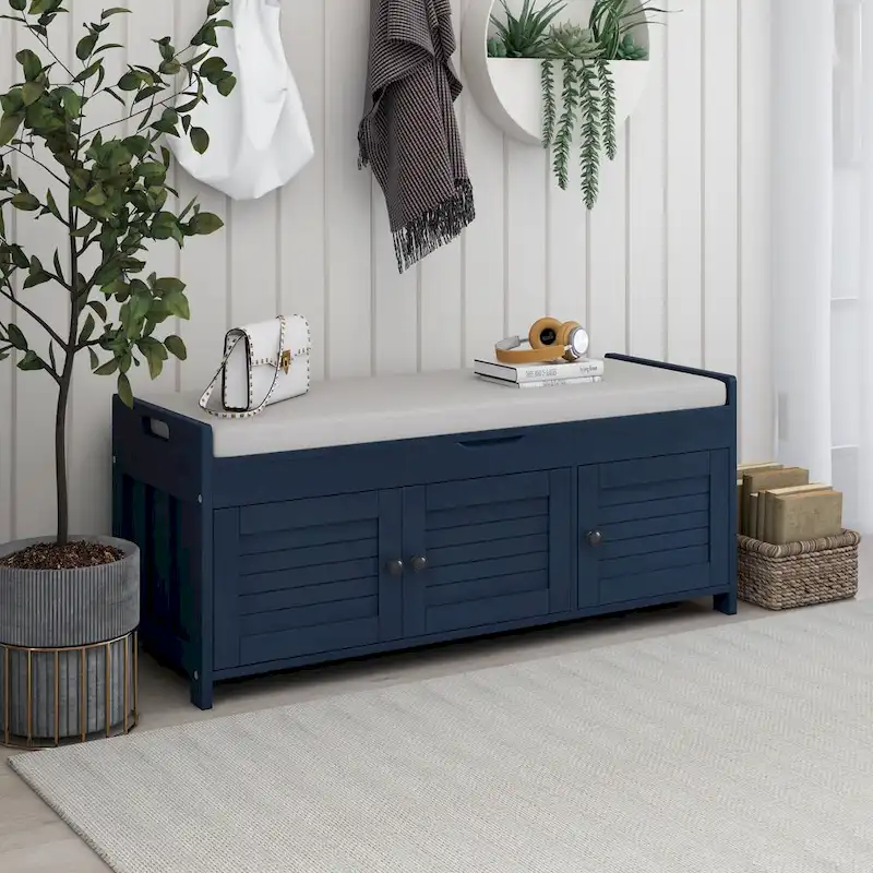 Storage Shoes Bench with 3 Shutter-shaped Doors and Removable Cushion