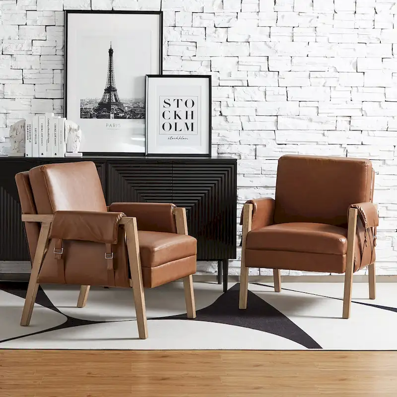 Olivia Farmhouse Faux Leather Accent Chair with Solid Wood Legs Sets of 2 by HULALA HOME