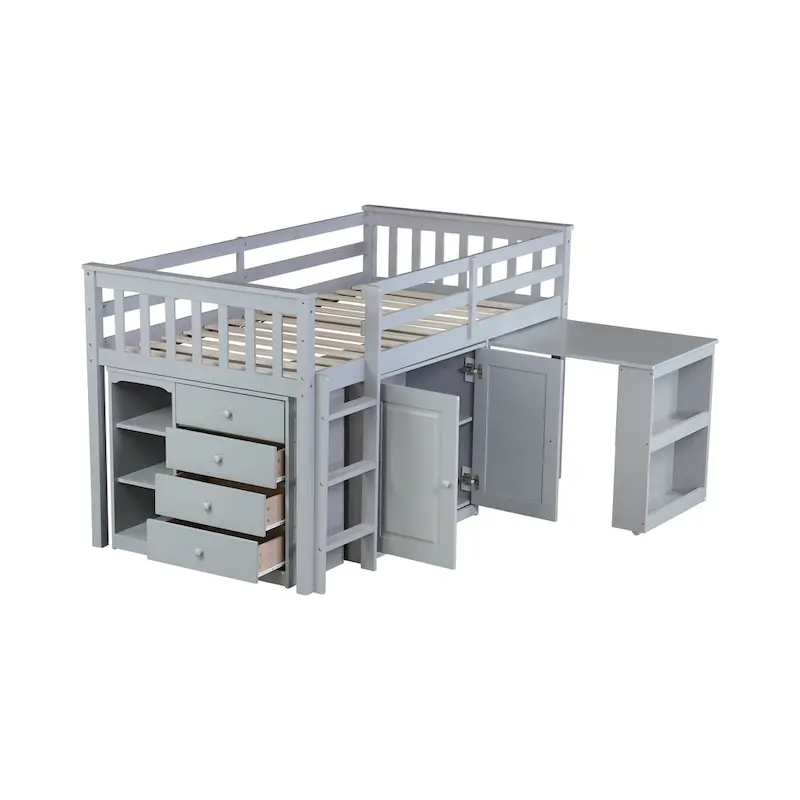 Twin Loft Bed with Pull-Out Desk, 2 Cabinets, 4 Drawers & Shelves