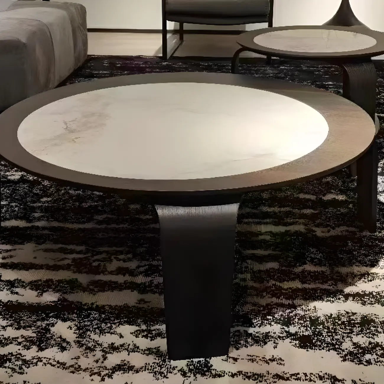 Unique Marble Round 2 Nesting Coffee Table Set with Wood Base