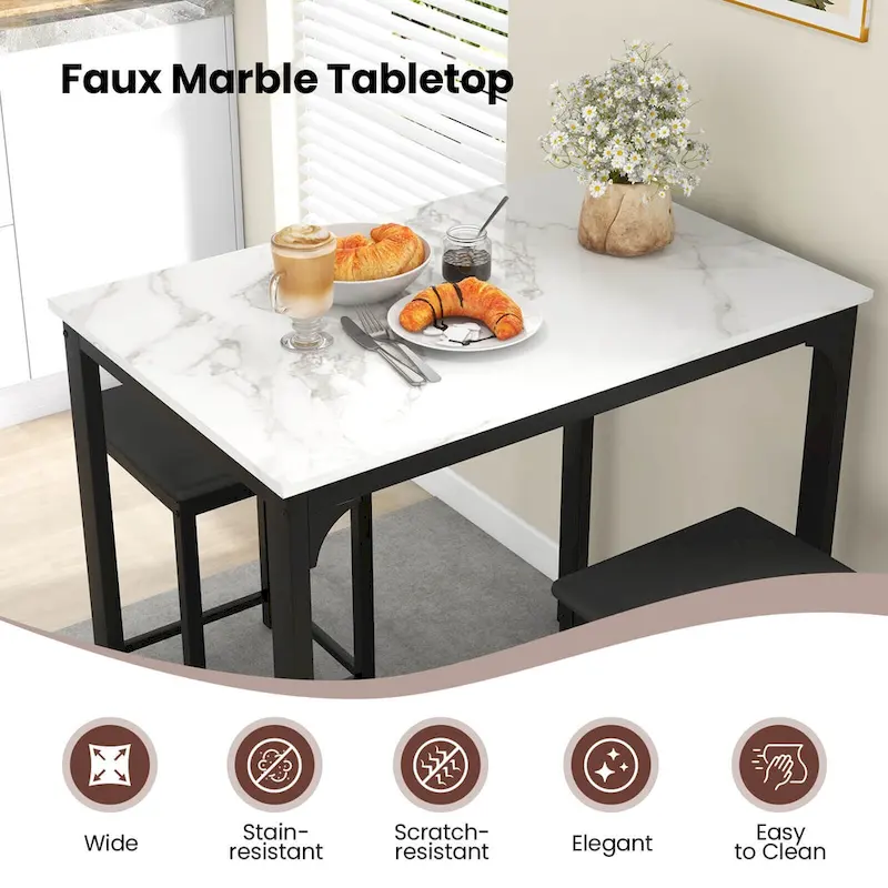 Costway 3 Piece Counter Height Dining Set Faux Marble Table 2 Chairs