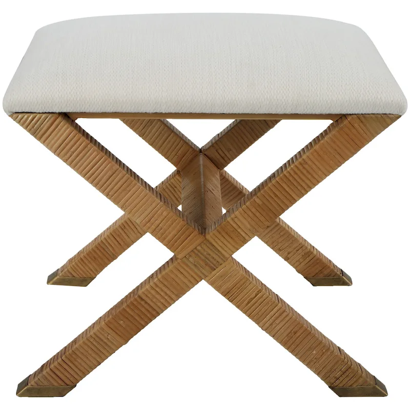 Upholstered Rattan X Shaped Base Small Bench - 19 - White and Brown