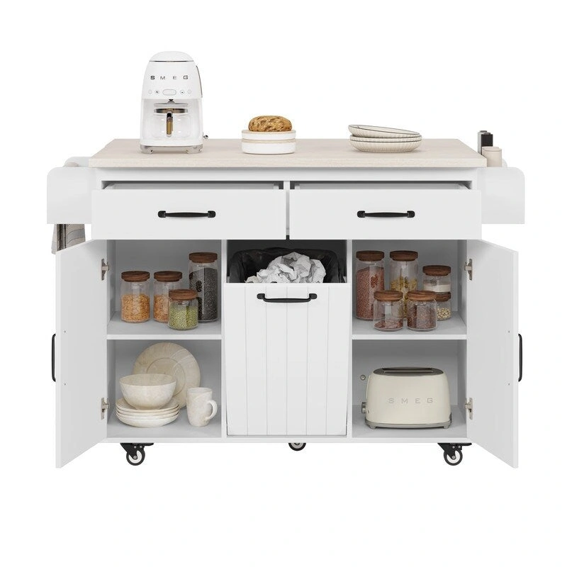 Rolling Kitchen Island with Trash Can, Kitchen Cart with Drop Leaf, Adjustable Shelf