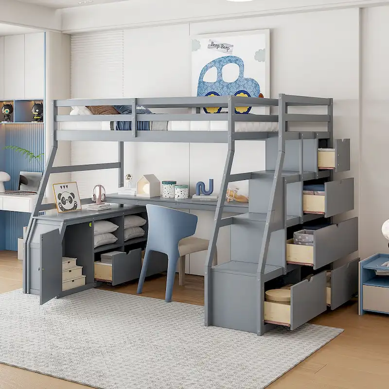Gray Full Pine Loft Bed with Desk and Storage