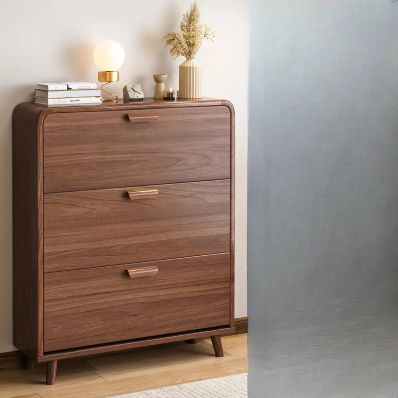 Traditional Hidden Adjustable 3 Tiers Solid Wood Shoe Cabinet