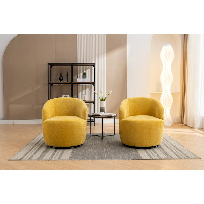 Yellow Chenille Modern 25.6 Swivel Barrel Chair with Metal Ring