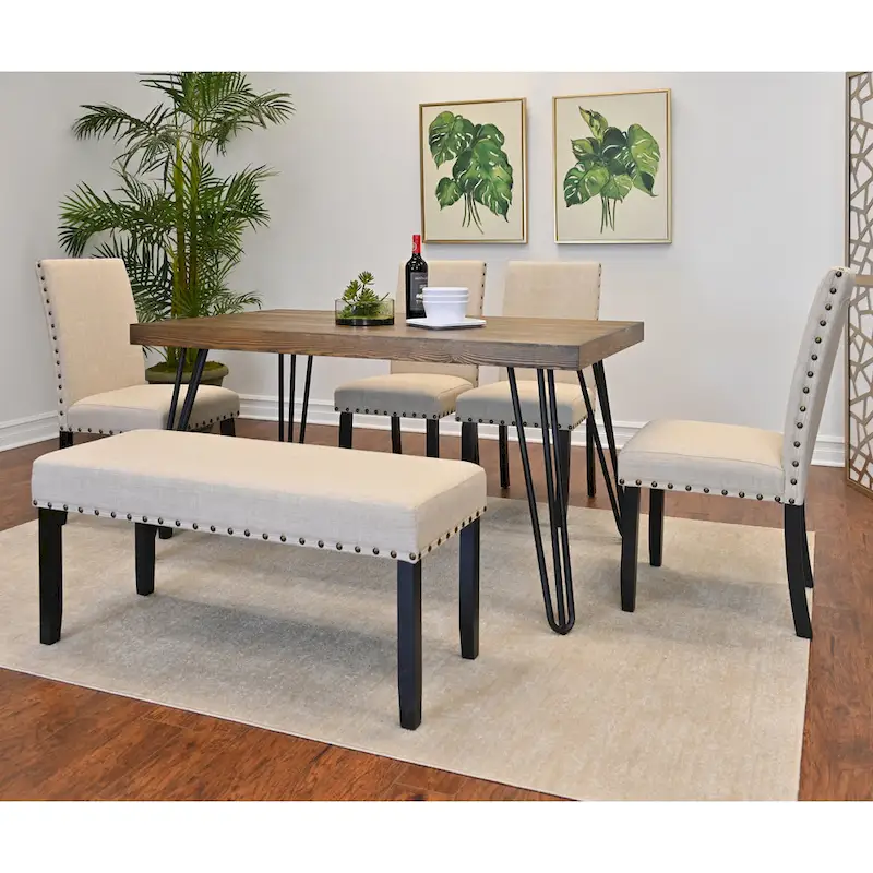6-Piece Industrial Dining Set with Rectangular Table & Linen Chairs