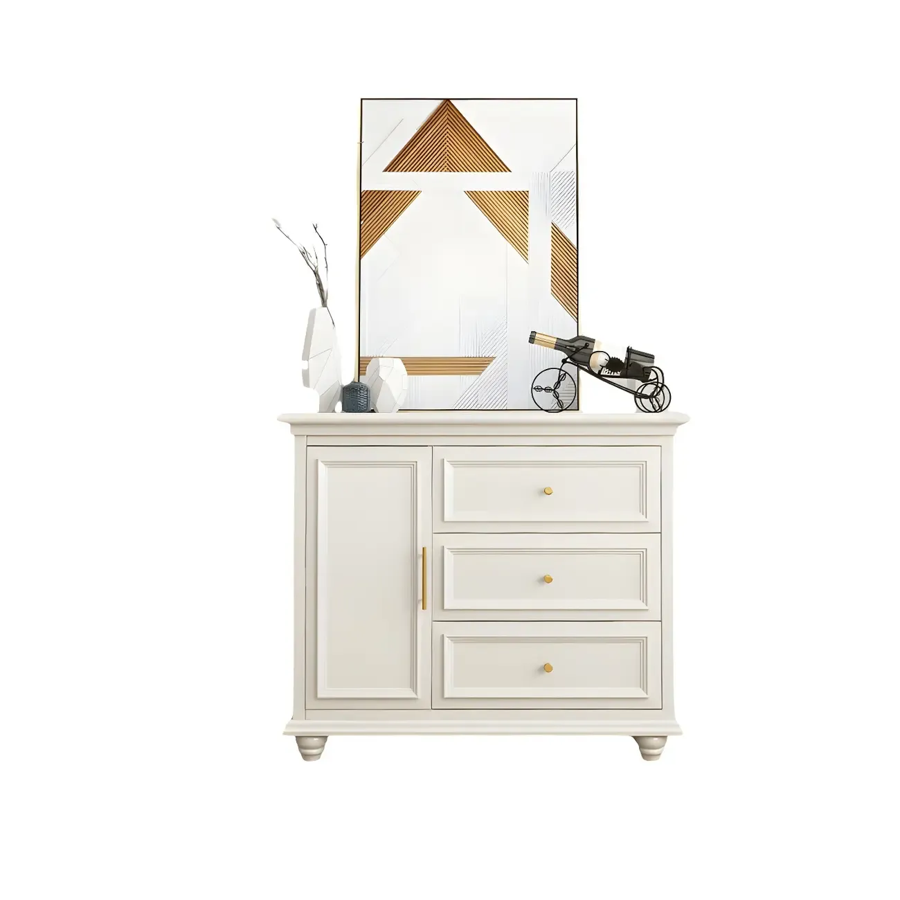White Wooden Sideboard with 3 Drawers and Cabinets