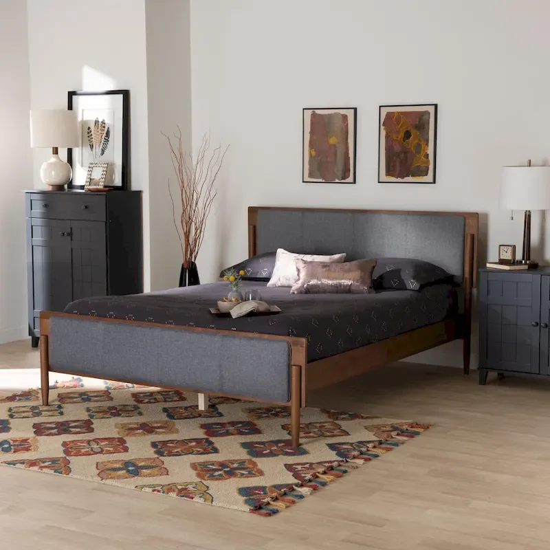 Powers Mid-Century Modern Grey Fabric and Ash Walnut Finished Wood Platform Bed