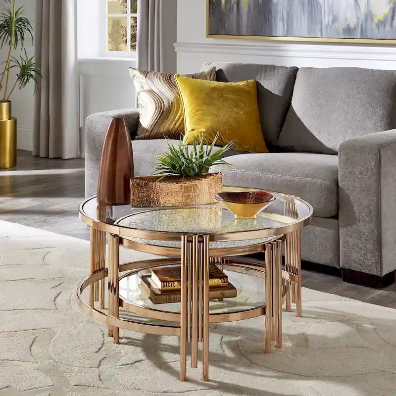 Bruges Champagne Gold Finish Textured Glass Table with Shelf by iNSPIRE Q Bold