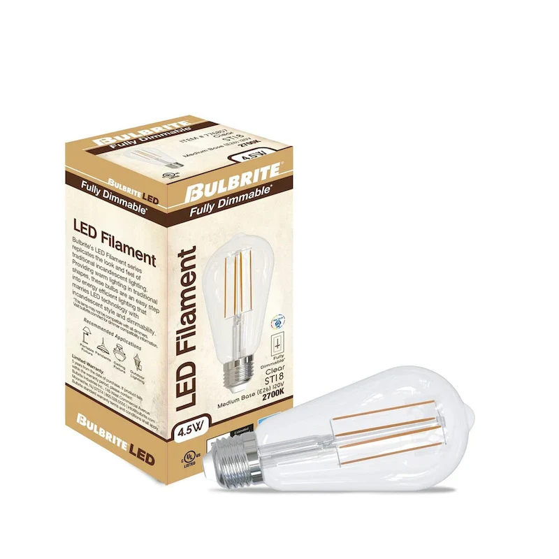 Bulbrite Pack of (4) 4.5 Watt Dimmable Clear Filament ST18 Medium (E26) LED Bulb - 450 Lumens, 2700K, and 90 CRI