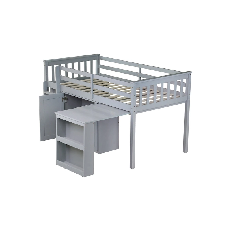 Twin Loft Bed with Pull-Out Desk, 2 Cabinets, 4 Drawers & Shelves