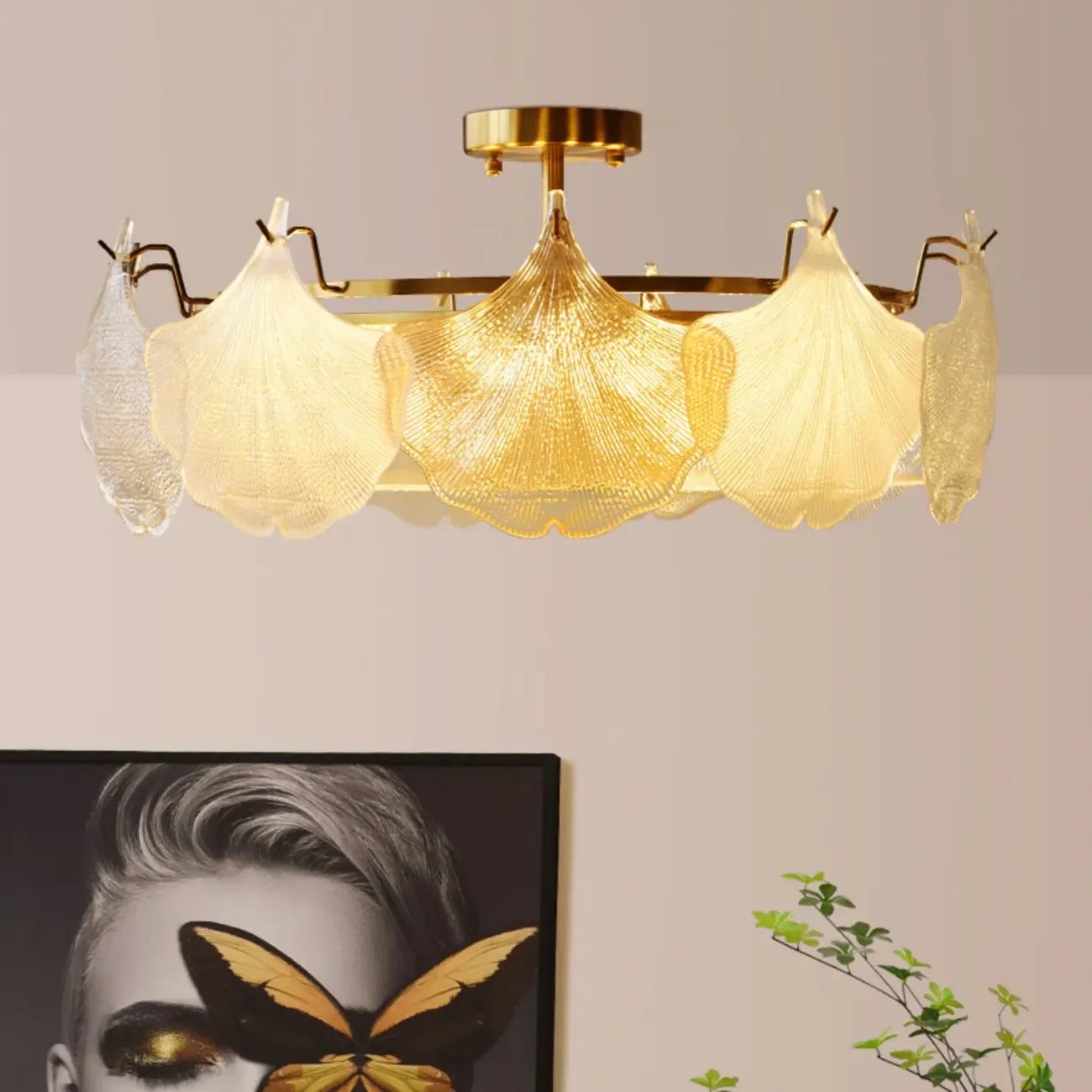 Modern Glass Leaf Shape Gold Semi Flush Ceiling Light