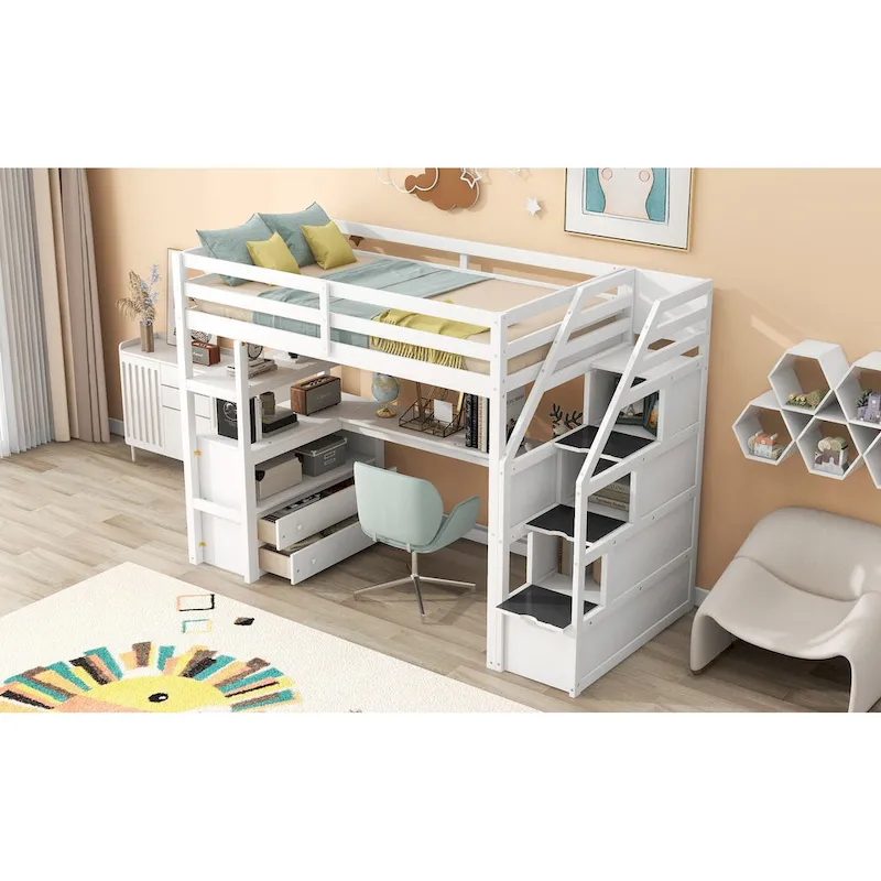 Twin Size Loft Bed w/Desk,Shelves,Built-in Drawers,Storage Staircase
