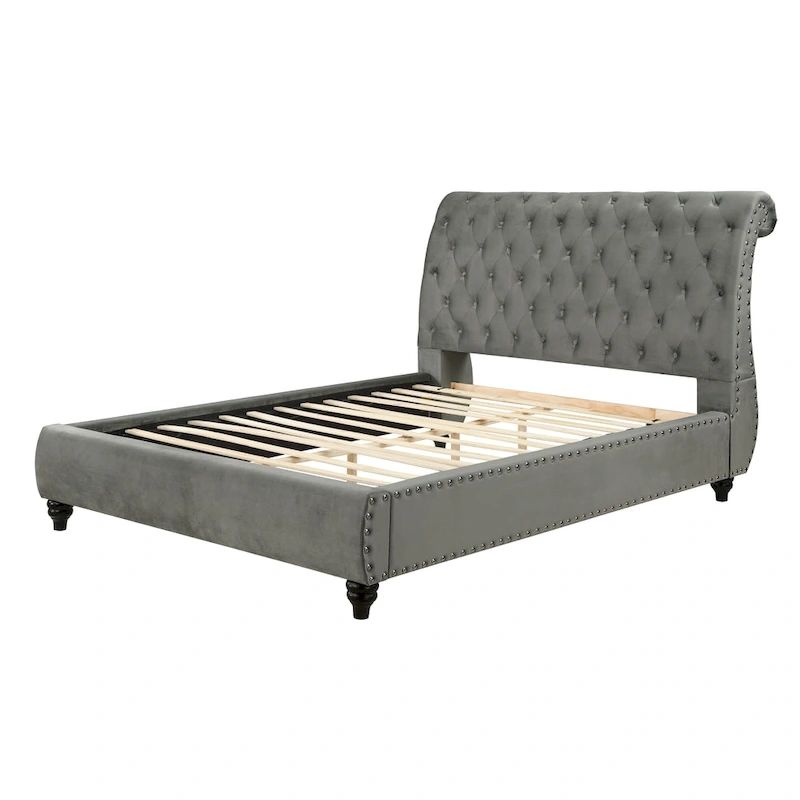 Roundhill Furniture Cerderia Velvet Upholstered Button Tufted Nailhead Trim Sleigh Bed, Gray